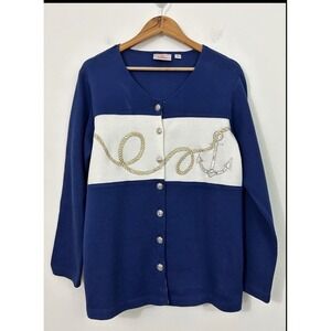 Quacker Factory Womens L Navy Blue Nautical Anchor Rope Button Front Cardigan
